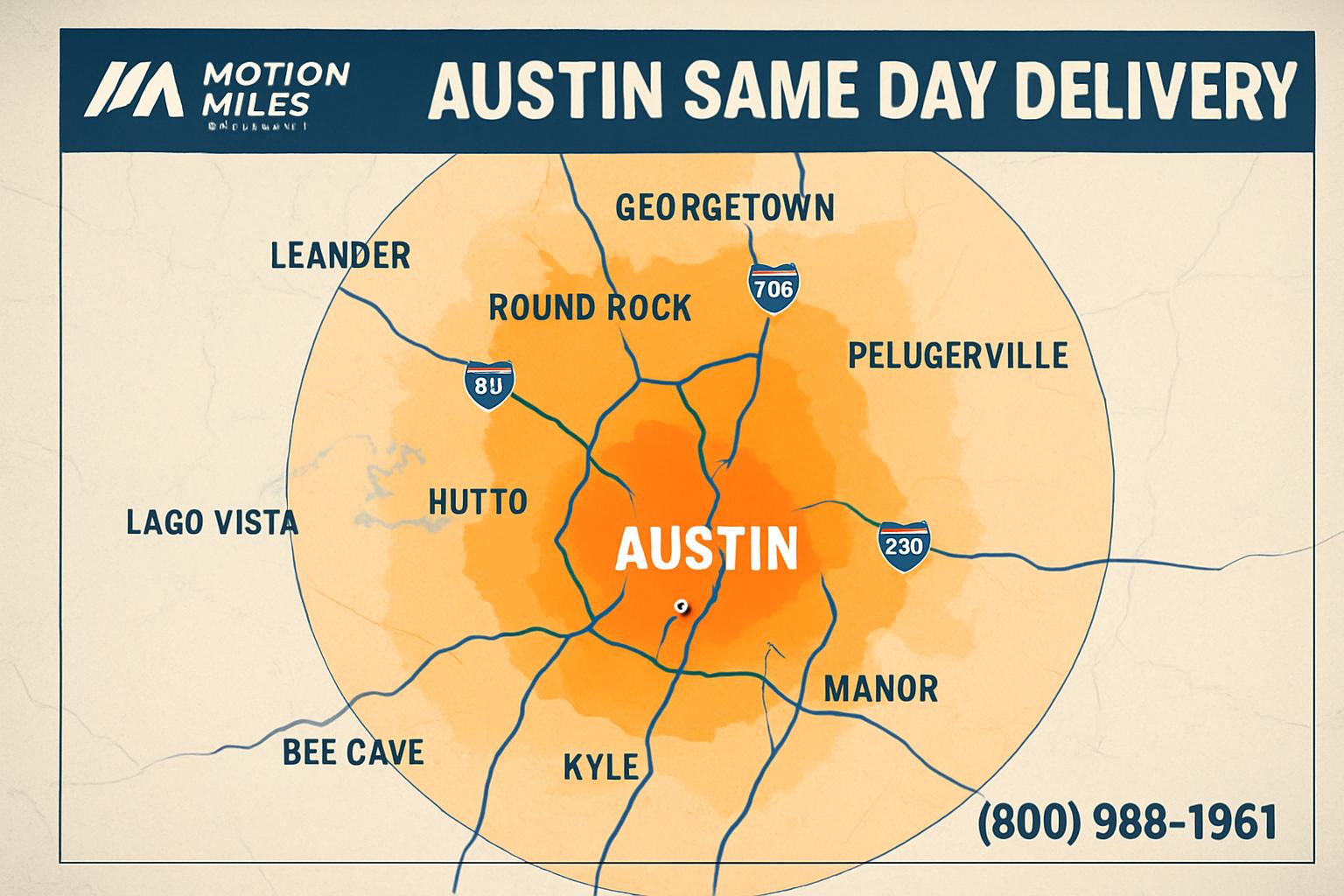 Austin Texas same day delivery service area map showing Motion Miles Logistics coverage throughout Austin and surrounding cities including Round Rock, Cedar Park, Georgetown, Kyle, and Pflugerville