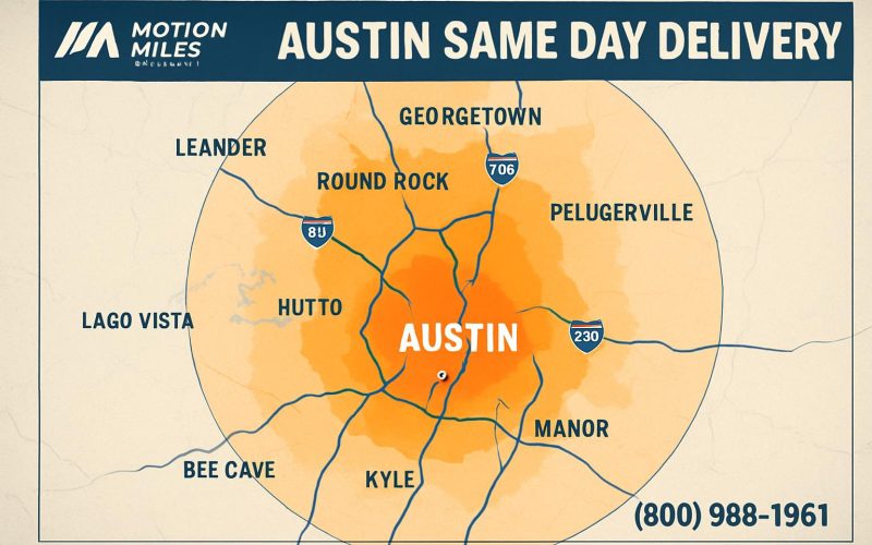 Austin Texas same day delivery service area map showing Motion Miles Logistics coverage throughout Austin and surrounding cities including Round Rock, Cedar Park, Georgetown, Kyle, and Pflugerville